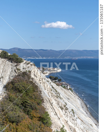 Panoramic view of the sea from a rocky hillside with pine trees under a clear blue summer sky 135065187