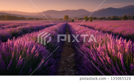 夕陽西下,薰衣草田寧靜祥和的3D景觀。 夕陽西下,薰衣草田寧靜祥和的3D景觀。 135065528