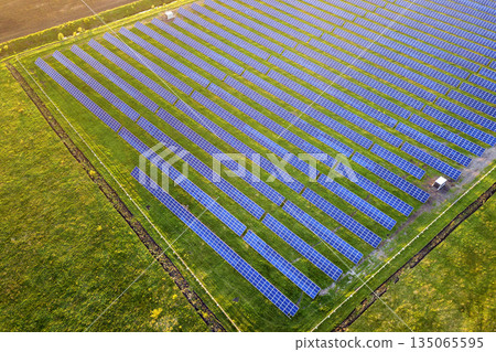 Large field of solar photo voltaic panels system producing renewable clean energy on green grass background. 135065595