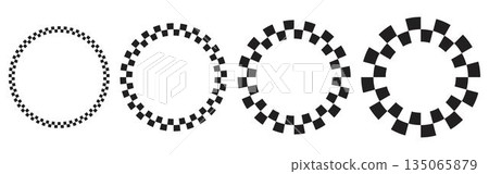 Set of round frames with black and white checkered print. Vignettes with race flag or chessboard pattern. Circular geometric frameworks. Vector graphic illistration Set of round frames with black and white checkered print. Vignettes with race flag or chessboard pattern. Circular geometric frameworks. Vector graphic illistration 135065879