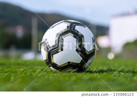 Close-up soccer ball on green grass Close-up soccer ball on green grass 135066123