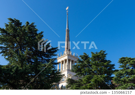 A striking view of the elegant spire of Sochi's Maritime Station piercing the sky, captured through the vibrant green foliage of overhanging tree branches. 135066157