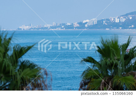 A breathtaking landscape captures the vibrant city of Sochi framed elegantly through lush tropical palm leaves. A breathtaking landscape captures the vibrant city of Sochi framed elegantly through lush tropical palm leaves. 135066160