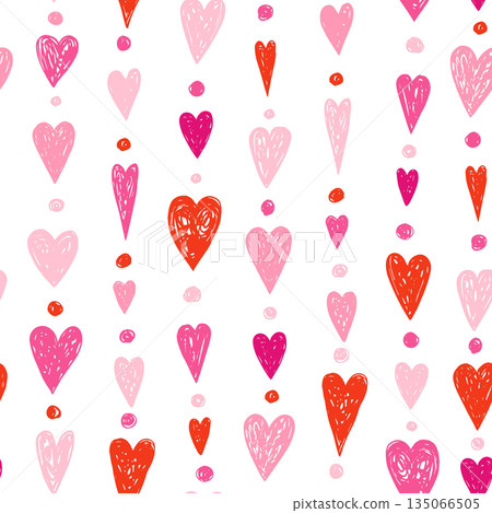 Cute vector seamless pattern with pink and red doodle hand painted hearts and dots on white, Romantic Valentine's Day love background 135066505