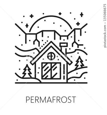 Permafrost natural disaster, world accident line icon. Natural cataclysm lineart icon, environmental catastrophe vector symbol. Permafrost disaster pictogram with house in snowy mountain landscape Permafrost natural disaster, world accident line icon. Natural cataclysm lineart icon, environmental catastrophe vector symbol. Permafrost disaster pictogram with house in snowy mountain landscape 135066675