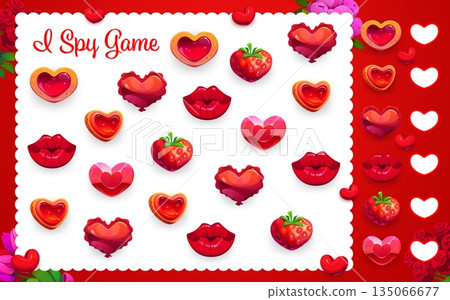 I spy game worksheet with Valentine day love hearts and strawberry, vector puzzle quiz. Kids I spy game to find and match the same picture of Valentine hearts, wedding jewel gems and lips kiss 135066677