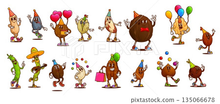 Groovy nut and legume characters with birthday party balloons and gifts, cartoon vector. Funny groovy coconut, walnut and almond in birthday hat, legume bean in sombrero and peanut with birthday cake 135066678