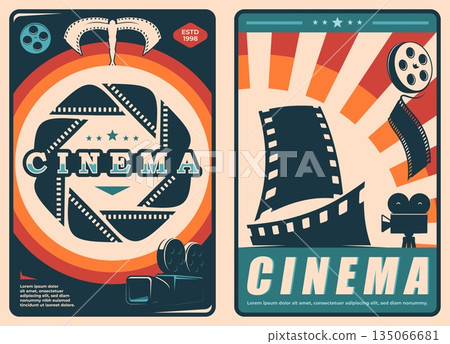 Retro movie cinema posters with large circular film reel shutter decorated by strips of movie film strip and old film projector. Vector vintage template for home theater event and movie festival 135066681