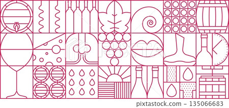 Winemaking, winery and viticulture geometric pattern with barrels, bottle and glass, grapes and cheese, vineyard, corkscrew and lips. Vector wine and vineyard background with minimal linear symbols Winemaking, winery and viticulture geometric pattern with barrels, bottle and glass, grapes and cheese, vineyard, corkscrew and lips. Vector wine and vineyard background with minimal linear symbols 135066683