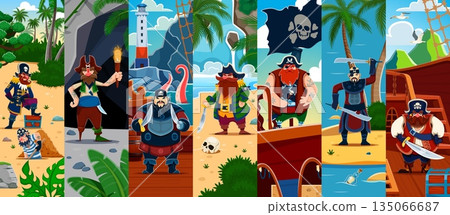 Caribbean corsair and pirate cartoon characters on tropical island and ship wreck. Bearded pirates with swords, treasure hunters, sailors with hooks, captain with hat, wooden leg and treasure chest Caribbean corsair and pirate cartoon characters on tropical island and ship wreck. Bearded pirates with swords, treasure hunters, sailors with hooks, captain with hat, wooden leg and treasure chest 135066687