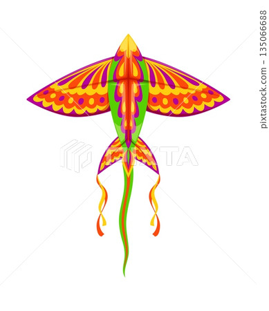 Festival paper kite shaped like a bird with extended wings, decorated in orange, yellow, purple, pink and green color lines. Cartoon vector traditional kids toy for outdoor fun and festive activities Festival paper kite shaped like a bird with extended wings, decorated in orange, yellow, purple, pink and green color lines. Cartoon vector traditional kids toy for outdoor fun and festive activities 135066688