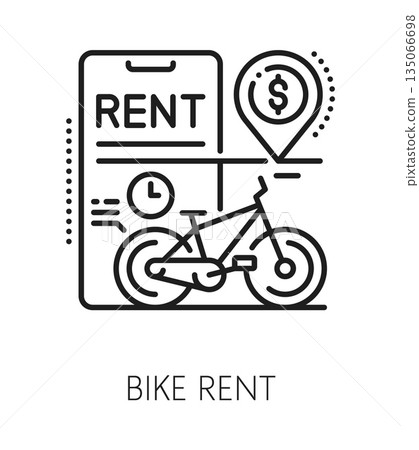 Bike transport, bicycle rent service line icon or pictogram. Bicycle transport rental service line sign, urban cycling vector pictogram. Public transportation icon with smartphone and navigation pin Bike transport, bicycle rent service line icon or pictogram. Bicycle transport rental service line sign, urban cycling vector pictogram. Public transportation icon with smartphone and navigation pin 135066698