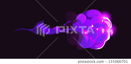 Cartoon magic purple smoke effect with glowing light and magic energy burst. Vector vfx blast for game or animation, comic boom cloud with sparkle, dust, isolated abstract trail, glow power cloud haze Cartoon magic purple smoke effect with glowing light and magic energy burst. Vector vfx blast for game or animation, comic boom cloud with sparkle, dust, isolated abstract trail, glow power cloud haze 135066701
