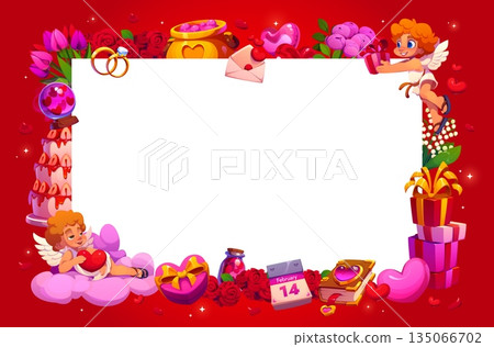 Happy Valentine day holiday frame greeting card with cupids, hearts, roses, gifts, and sweet treats surrounding a blank white center on a vibrant red background. Vector template for romantic messages 135066702