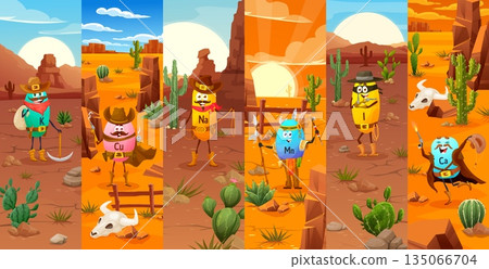 Cartoon vitamins or micronutrients cowboy, sheriff and rubber bandit vector characters in a desert landscape. Funny K, Cu, brave Na and Mn, I and Ca native characters. Children health, kids nutrition Cartoon vitamins or micronutrients cowboy, sheriff and rubber bandit vector characters in a desert landscape. Funny K, Cu, brave Na and Mn, I and Ca native characters. Children health, kids nutrition 135066704