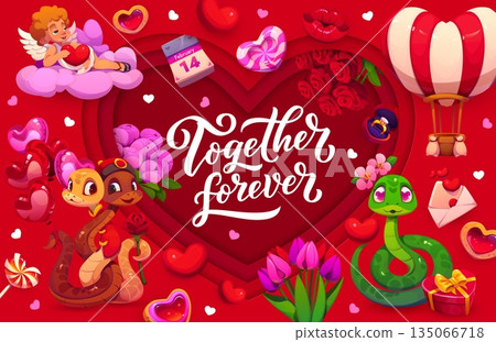 Paper cut Happy Valentine day banner with cupids, snakes and hearts, vector greeting card. Valentine day holiday paper cut heart with cupid on cloud, wedding ring and 14 February calendar in flowers 135066718