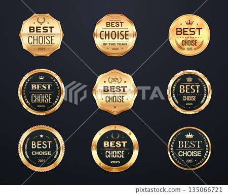 Best choice and quality golden vector seal labels, quality guarantee stamp decorated with crowns and laurel wreath. Product packaging, award and quality glossy marks 135066721