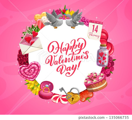 Happy Valentine day greeting banner with flowers, kissing doves and love hearts, vector poster. Valentine day love holiday greeting card with heart candy, wedding ring and love message envelope 135066735