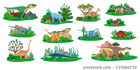 Dinosaurs and prehistoric lizards for kids, vector cartoon dino characters. Dinosaurs of Jurassic era reptiles and prehistoric animal species in jungle forest for kids dino encyclopedia or atlas 135066739