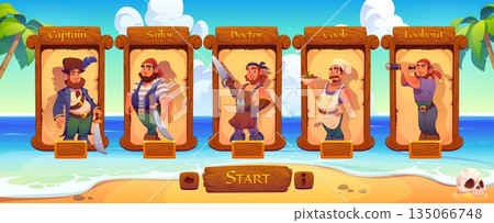 Pirate crew characters, game interface wood frames, vector GUI. Cartoon captain, sailor, cook, doctor and lookout corsairs wooden option windows of pirate game menu at treasure island background 135066748