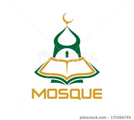 Ramadan muslim mosque spiritual icon or symbol. Islamic Quran school sign, Arab mosque library vector emblem. Islam culture spiritual icon or symbol with Quran book and crescent on minaret 135066749