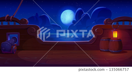 Night landscape of the deck of a wooden pirate ship. Cartoon vector mysterious twilight view from a corsair boat board under a full moon with peaceful ocean, glowing lanterns, wooden barrels, a cannon 135066757