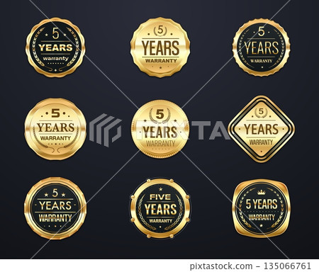 Golden warranty vector badge labels and stamps, certificate and product service seals with laurel wreaths, stars, crowns and golden metallic texture. Product packaging, service guarantee, store badges 135066761