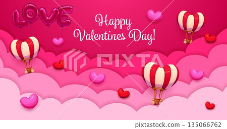 Valentine's day paper cut greeting card with clouds and air balloon. Saint Valentine celebration paper cut vector greeting card, love holiday flyer. Romantic poster with heart air balloons in clouds 135066762