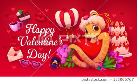 Happy Valentine's day greeting card, love holiday banner. Romantic celebration vector poster, love day banner. Saint Valentine holiday greeting card with snake character, strawberry cake and flowers 135066767