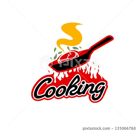 Restaurant WOG menu pan cook icon or emblem. Culinary cooking utensil emblem, cafe WOG pan meal vector label. Restaurant menu badge with handwritten typography, fire flame and meat cooking in pan Restaurant WOG menu pan cook icon or emblem. Culinary cooking utensil emblem, cafe WOG pan meal vector label. Restaurant menu badge with handwritten typography, fire flame and meat cooking in pan 135066768