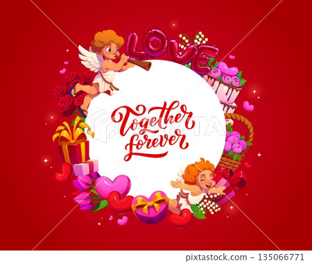Together forever Valentine day greeting card with playful cupids, heart shaped gifts, flowers, cake and romantic phrase, all arranged in a circular frame over red background filled with love and charm Together forever Valentine day greeting card with playful cupids, heart shaped gifts, flowers, cake and romantic phrase, all arranged in a circular frame over red background filled with love and charm 135066771