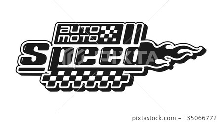 Automobile race sport vintage Y2K icon or sign. Speed rally Y2K vector emblem, race motorsport sign. Road racing competition symbol with monochrome checkered pattern, typography and fire flames 135066772
