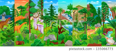 Prehistoric dinosaurs cartoon characters collage. Prehistoric dinosaurs banner, paleontology reptile collage with Monolophosaurus, Hypselosaurus, Anchisaurus and Barapasaurus in forest landscape Prehistoric dinosaurs cartoon characters collage. Prehistoric dinosaurs banner, paleontology reptile collage with Monolophosaurus, Hypselosaurus, Anchisaurus and Barapasaurus in forest landscape 135066773