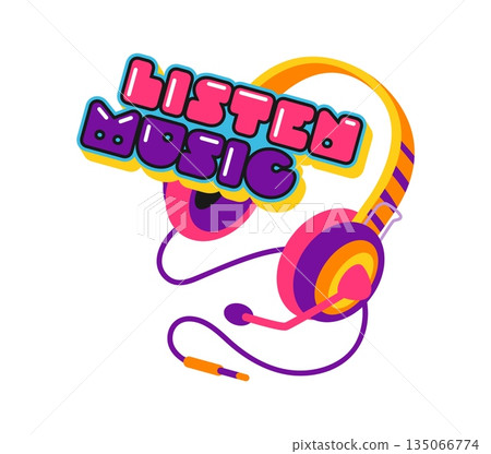 Listen music Y2K groovy sticker or label. Music festival sound funky label, musical art melody record Y2K retro vector tag. Radio audio patch or sticker with headphone headset and funky typography Listen music Y2K groovy sticker or label. Music festival sound funky label, musical art melody record Y2K retro vector tag. Radio audio patch or sticker with headphone headset and funky typography 135066774