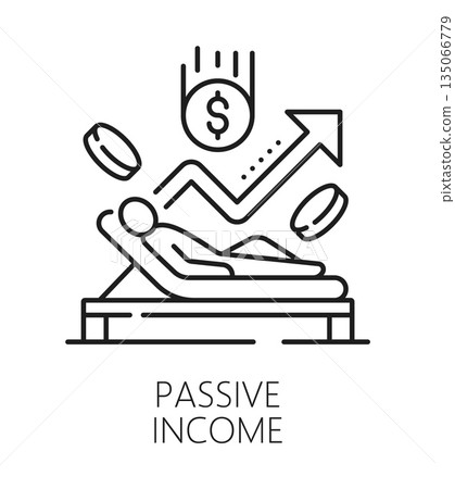 Investment passive income, business line icon or symbol. Business capital fund outline vector sign, bonds investment passive income pictogram. Trade startup icon with investor lying on lounge chair Investment passive income, business line icon or symbol. Business capital fund outline vector sign, bonds investment passive income pictogram. Trade startup icon with investor lying on lounge chair 135066779