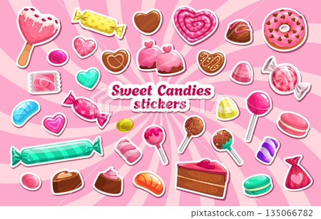 Valentine day sweets and candies stickers pack of heart caramels and pink desserts, vector set. Valentine day or love holiday stickers of chocolate cake with berry marmalade, ice cream macaroons 135066782