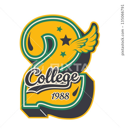 Varsity sport patch label of number 2 for college league or team club, vector emblem. Varsity sport patch badge with number Two, stars and wings for university champion players club t shirt print Varsity sport patch label of number 2 for college league or team club, vector emblem. Varsity sport patch badge with number Two, stars and wings for university champion players club t shirt print 135066791
