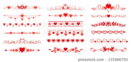 Valentine love heart divider and border frames, vector set of holiday embellishments. Vibrant red and pink romantic flourish trims for greeting cards, wedding invitations, stationery and decorations Valentine love heart divider and border frames, vector set of holiday embellishments. Vibrant red and pink romantic flourish trims for greeting cards, wedding invitations, stationery and decorations 135066793