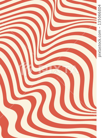 Psychedelic groovy vector wavy pattern with retro red and cream flowing stripes. 70s themed background with distorted, undulating lines create a groovy optical illusion for posters and wallpapers 135066804