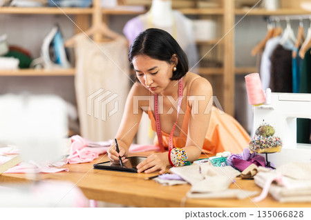 Young woman drawing sketch on tablet in sewing workshop Young woman drawing sketch on tablet in sewing workshop 135066828