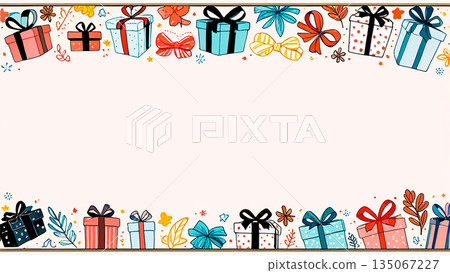 Colorful gift box and ribbon frame hand-drawn illustration 135067227