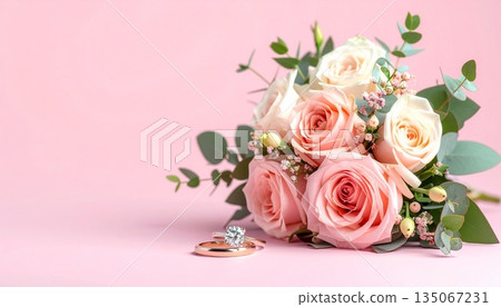 浪漫的背景,有花束和戒指 浪漫的背景,有花束和戒指 135067231