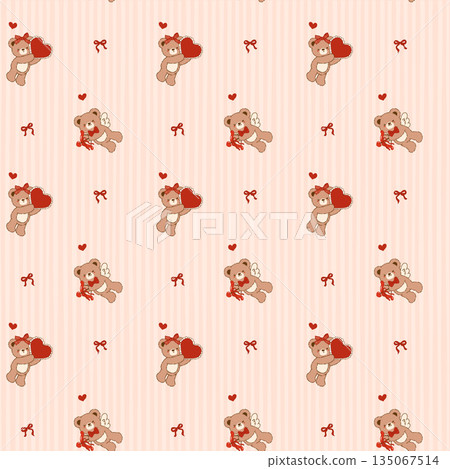 Coquette Valentine Romantic Teddy Bear Cupid seamless pattern Striped Vintage Retro Shabby Chic Preppy Printable Background 135067514