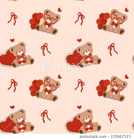 Coquette Valentine Romantic Teddy Bears seamless pattern Striped Vintage Retro Shabby Chic Preppy Printable Background 135067515