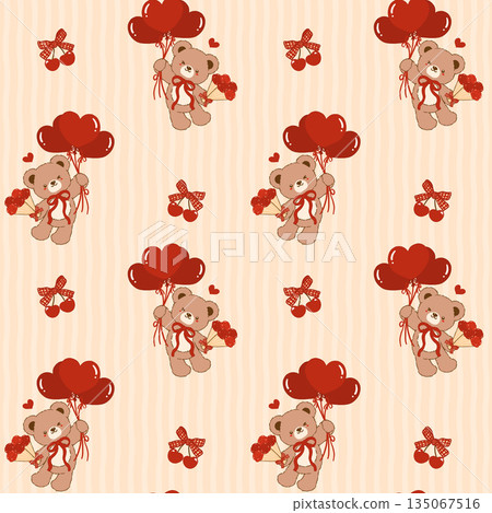 Coquette Valentine seamless pattern Romantic Teddy Bear with heart balloons Striped Vintage Retro Shabby Chic Preppy Printable Background 135067516
