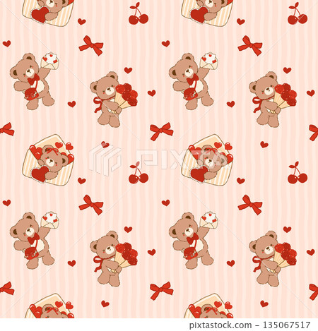 Coquette Valentine seamless pattern Romantic Teddy Bear with Love delivery Striped Vintage Retro Shabby Chic Preppy Printable Background 135067517