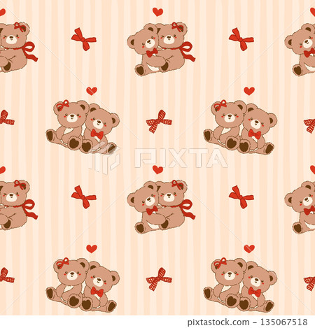 Coquette Valentine seamless pattern vintage Teddy Bears Couple Hugging Striped Retro Shabby Chic Preppy Printable Background 135067518