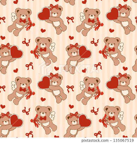Coquette Valentine seamless pattern vintage Teddy Bears Cupid Striped Retro Shabby Chic Preppy Printable Background 135067519