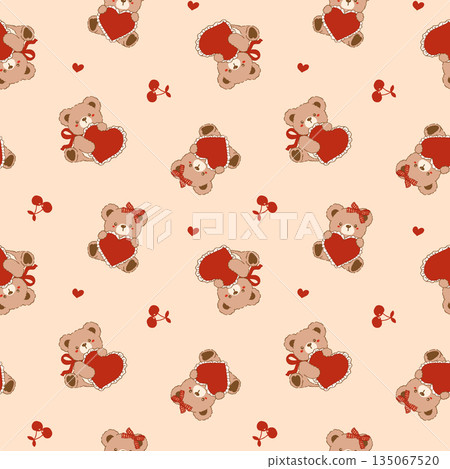 Coquette Valentine seamless pattern vintage Teddy Bears Hugging Heart Riffon Striped Retro Shabby Chic Preppy Printable Background 135067520