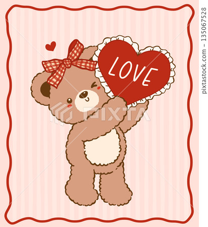 Kawaii Vintage Valentine Teddy Bear Girl Holding Heart Riffon Nostalgia Cartoon Doodle Hand Drawn 135067528